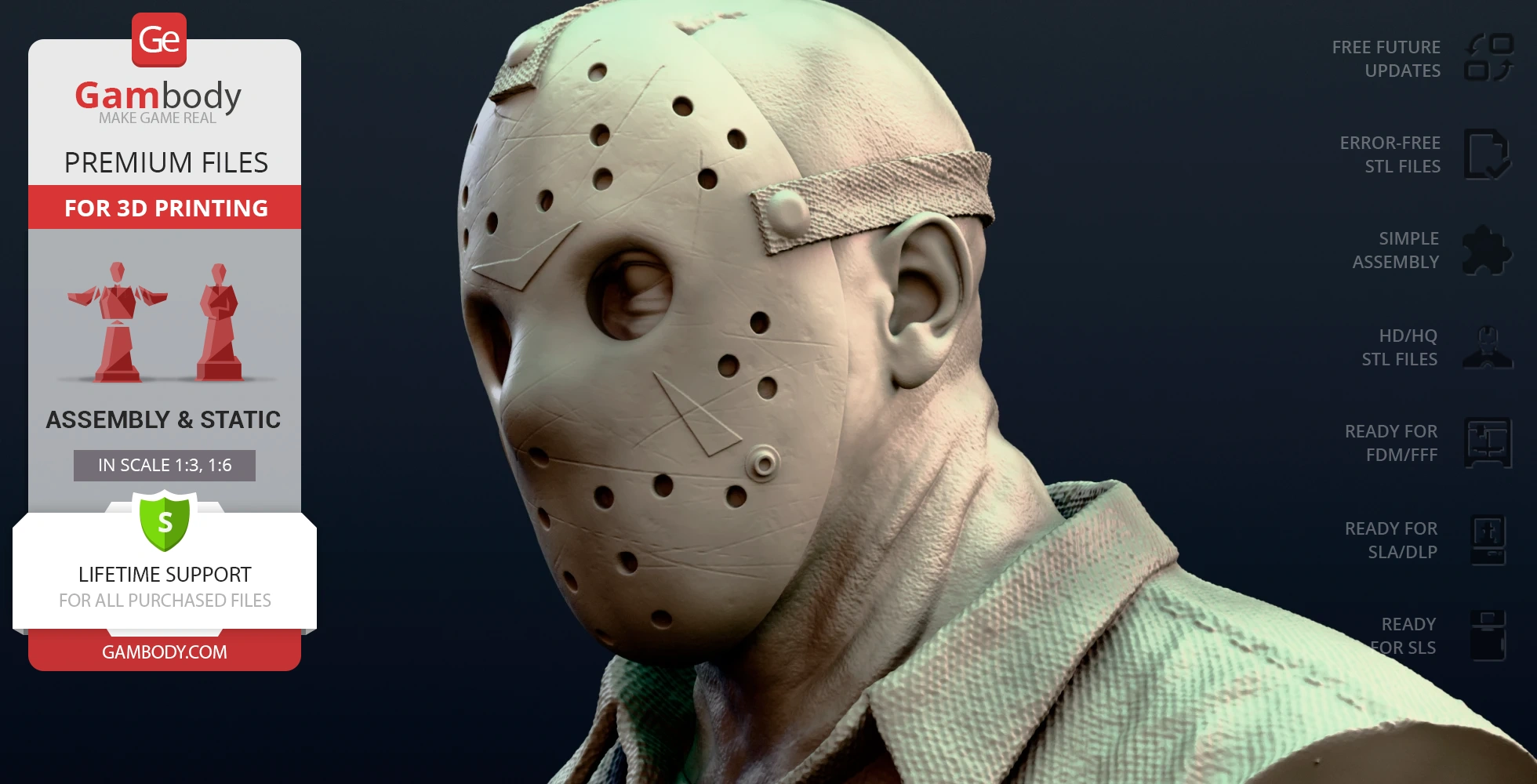 Realistic 3D bust of a masked figure in textured clothing, ready for 3D printing.