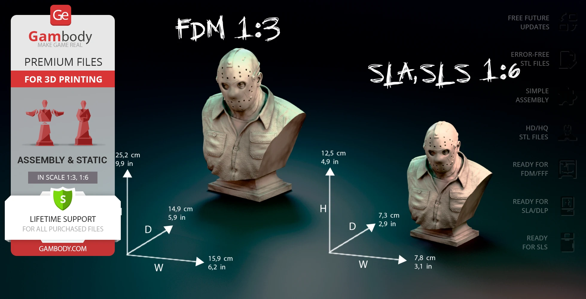 Busts of a hockey-masked figure in two sizes, showcased for 3D printing on a dark background.