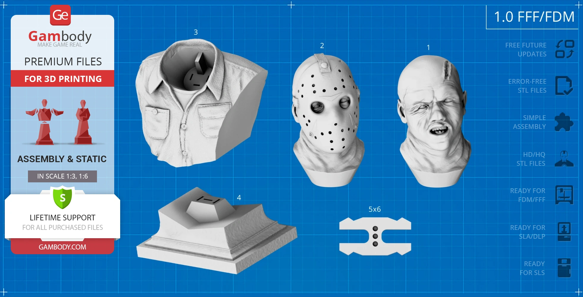 3D model of a horror character bust with a mask, clothes, base, and assembly piece on a blueprint background.
