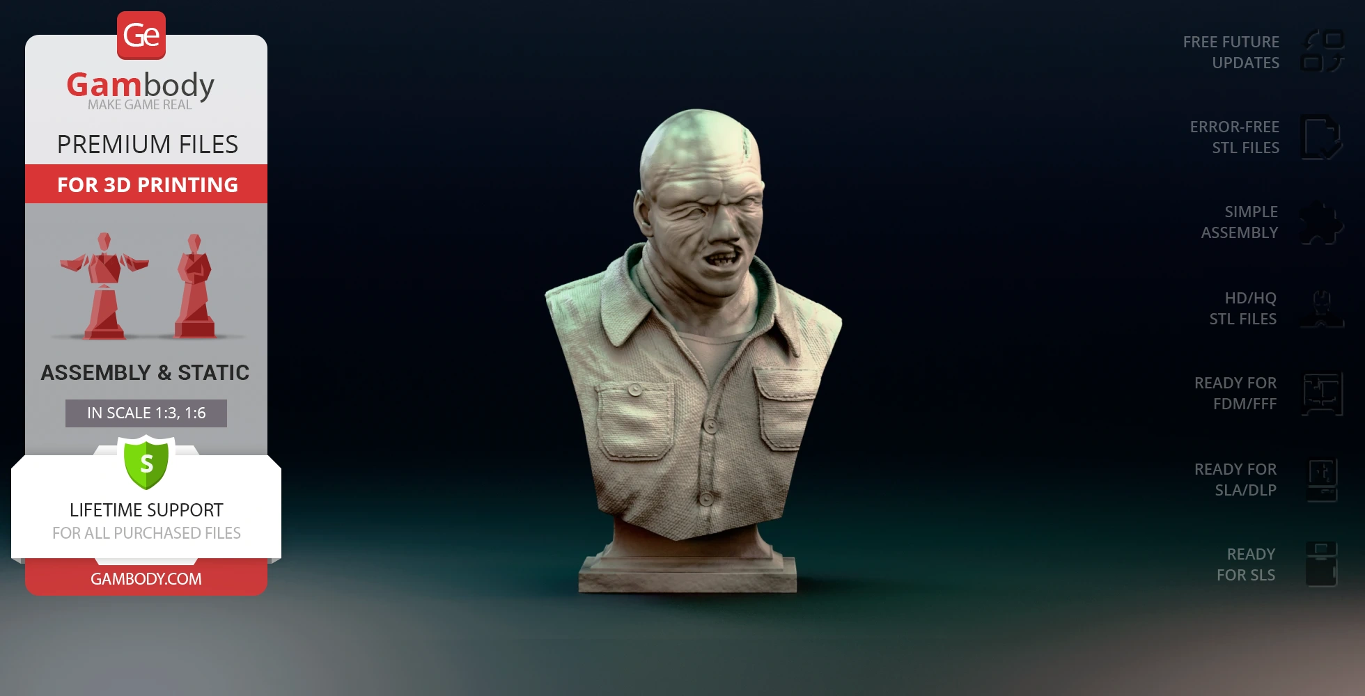 A detailed 3D bust of a menacing figure with a scarred face and open mouth wearing a textured shirt.