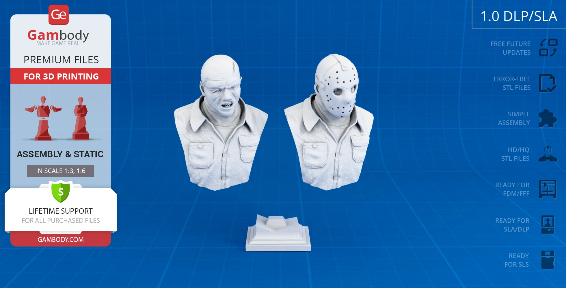 Two busts of a horror character: one with a mask, one without, designed for 3D printing.