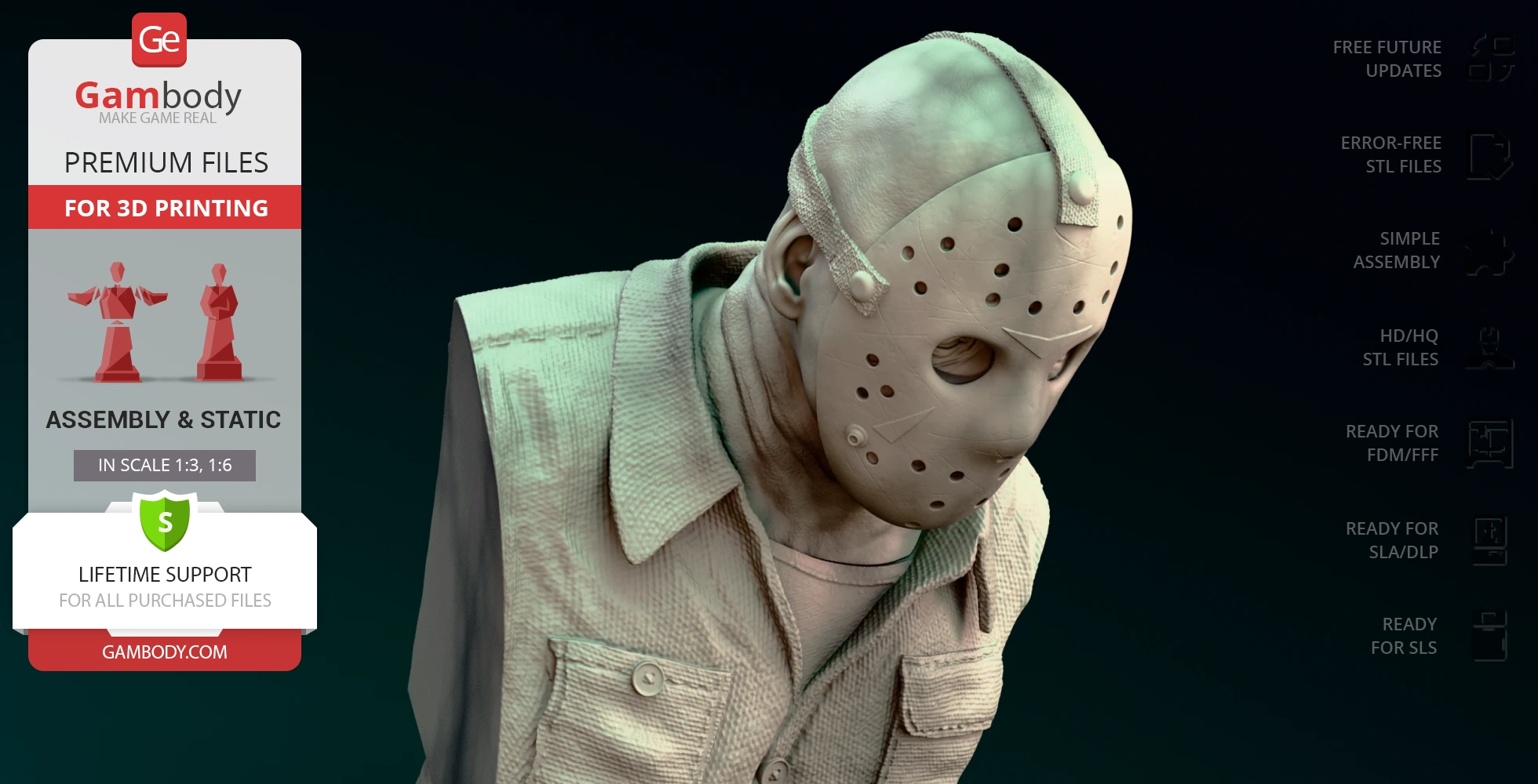 A 3D model of a masked figure wearing a textured shirt, designed for 3D printing.