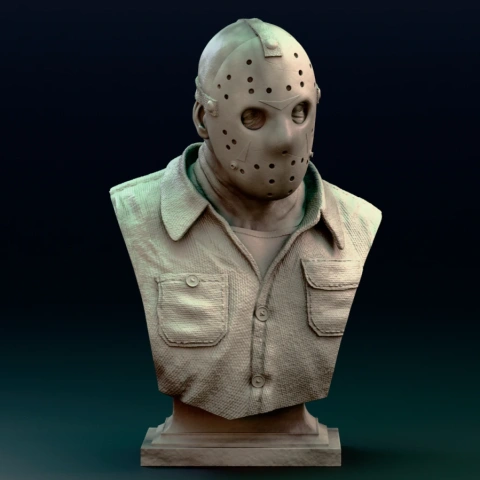 A detailed 3D bust of a masked figure in a collared shirt, iconic in horror genre.