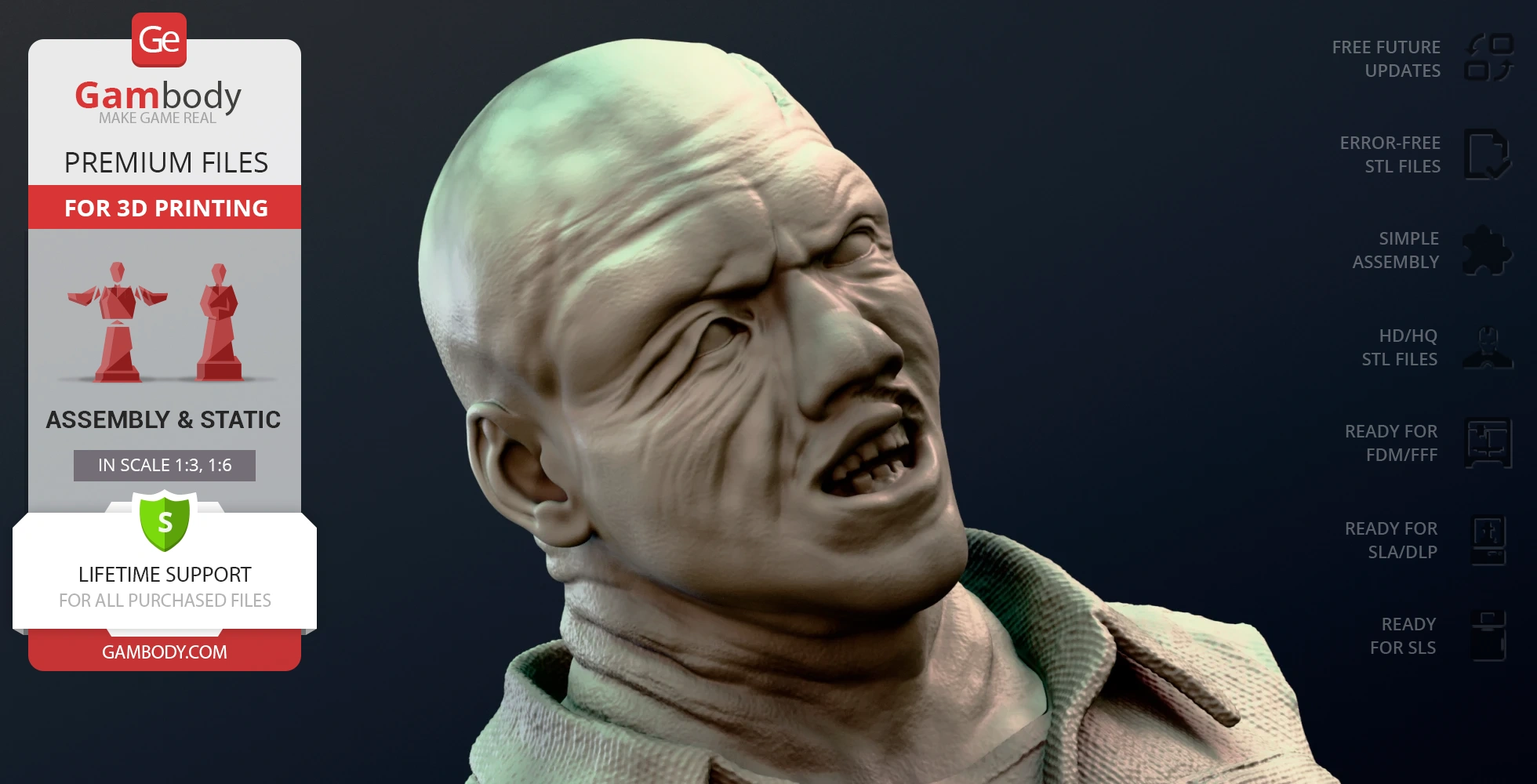 A 3D-printed bust of a bald, angry man with a deeply wrinkled face and an open mouth.