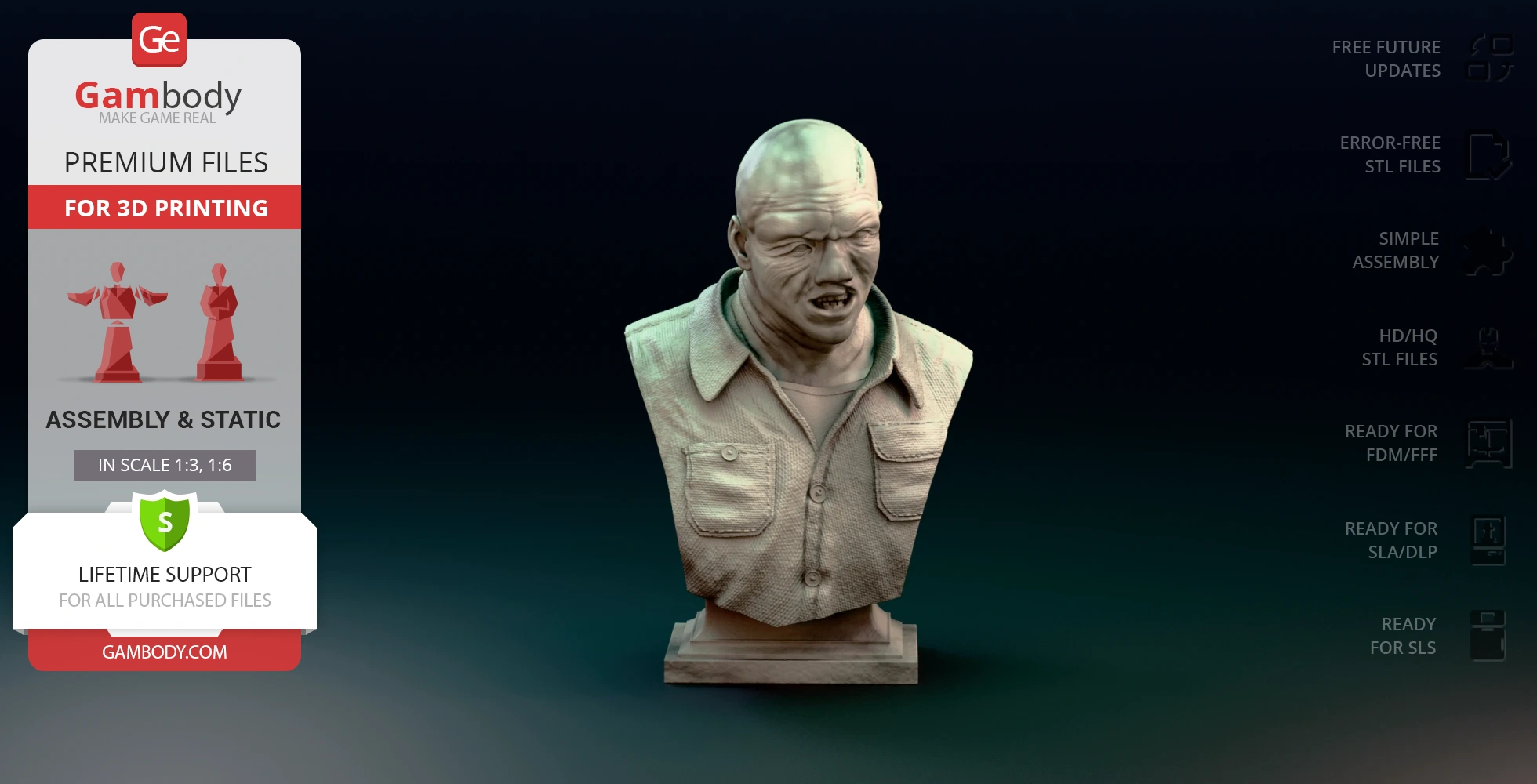 A detailed bust of a menacing figure with a distorted face, wearing a textured shirt with pockets.