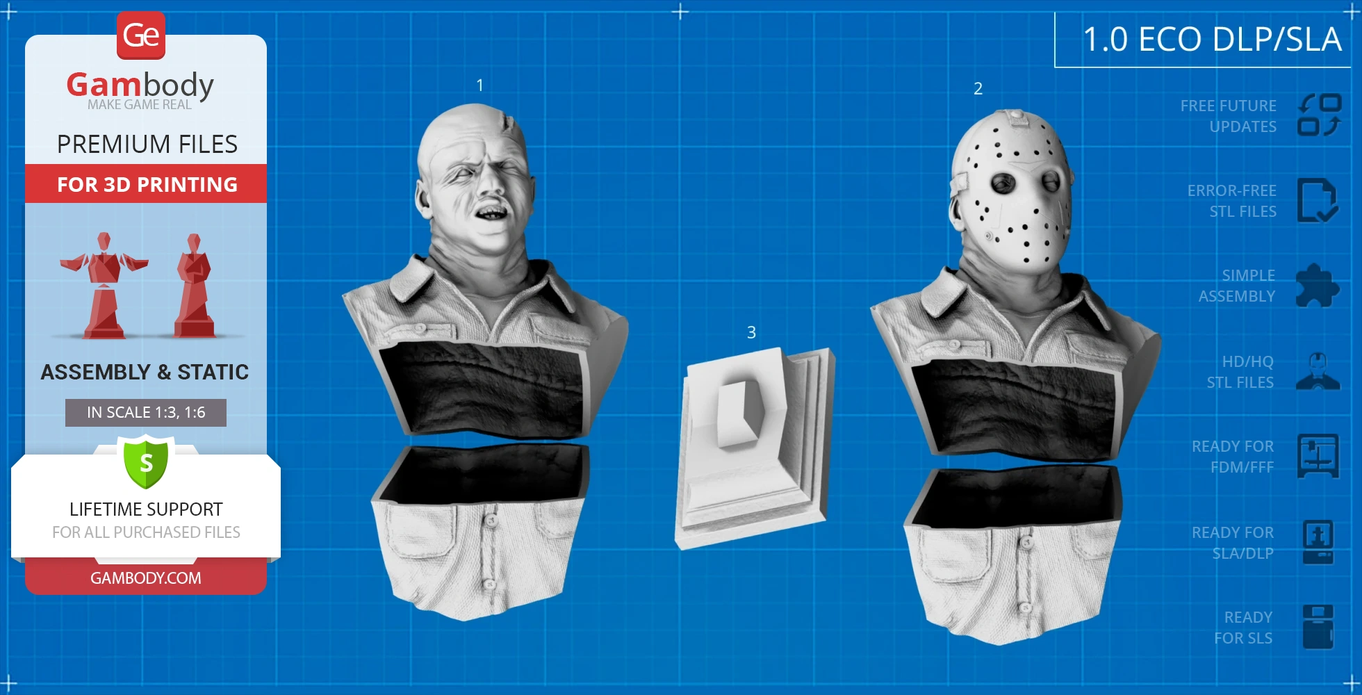 Two-part Jason Voorhees bust with mask and unmasked versions, includes base for 3D printing.