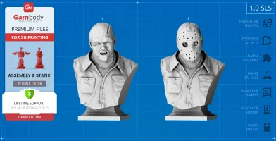 Two detailed busts of a menacing figure: one with a hockey mask, one unmasked.