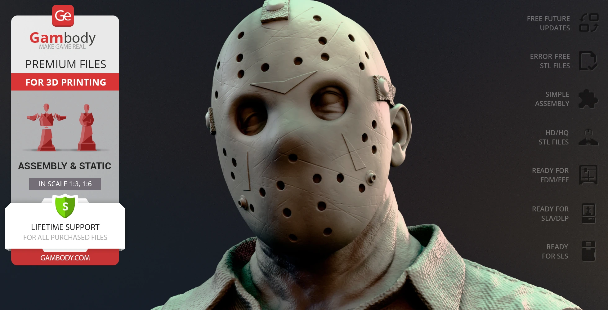 Bust of a masked horror character wearing a hockey mask, showcased for 3D printing by Gambody.