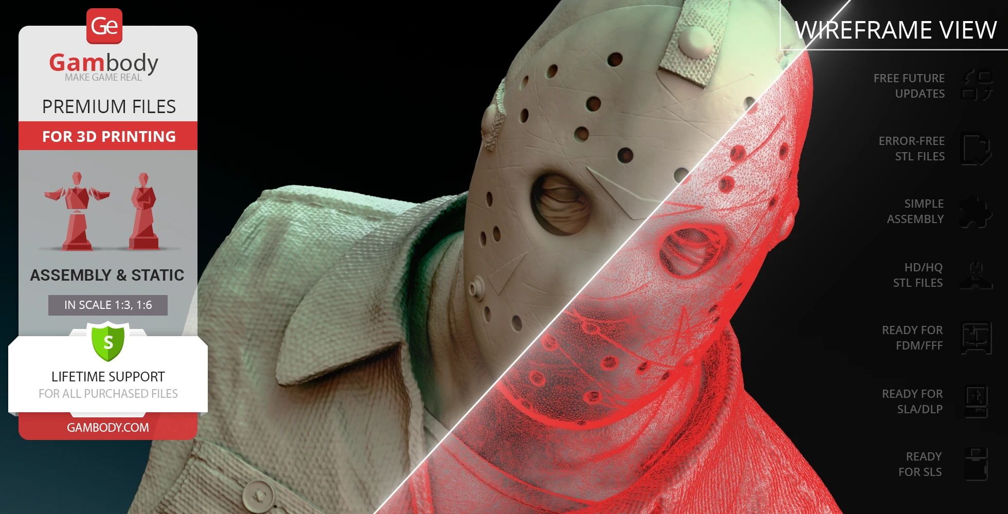 Bust of a hockey mask-wearing figure split into colored and wireframe views for 3D printing.
