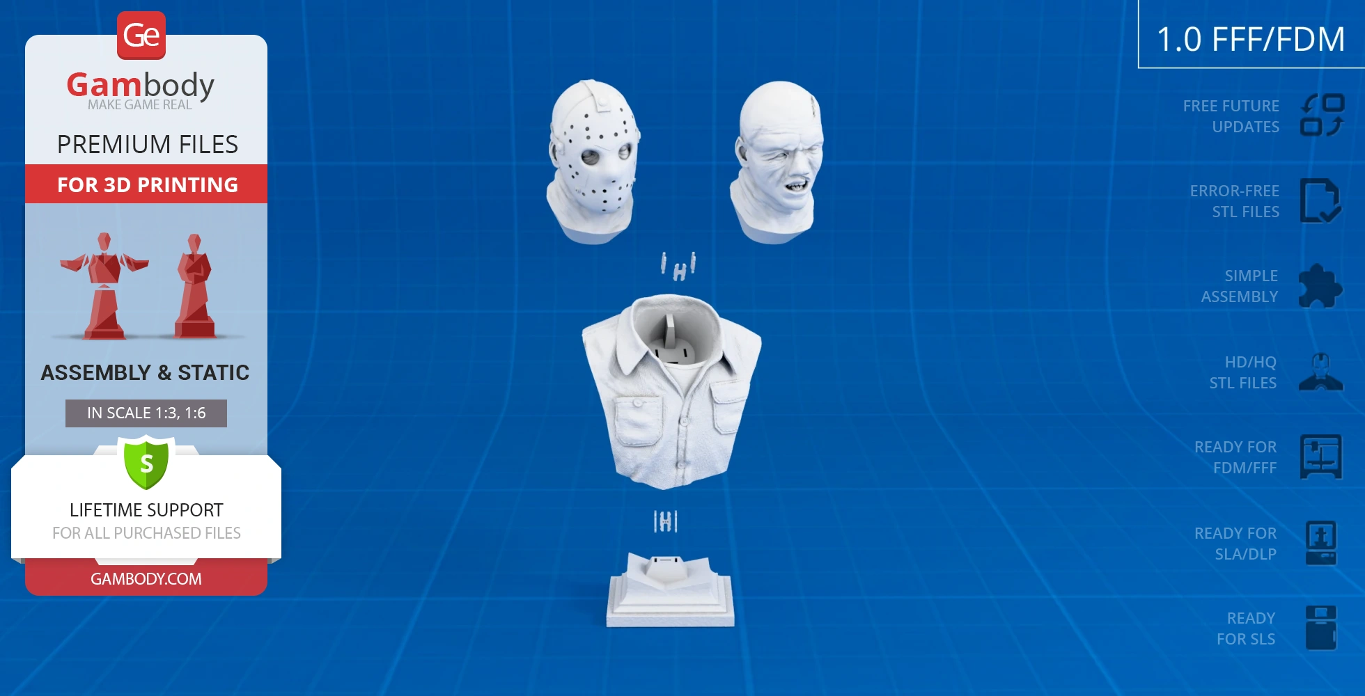 Bust of a character with two interchangeable heads, shirt detail, and a display base for 3D printing.
