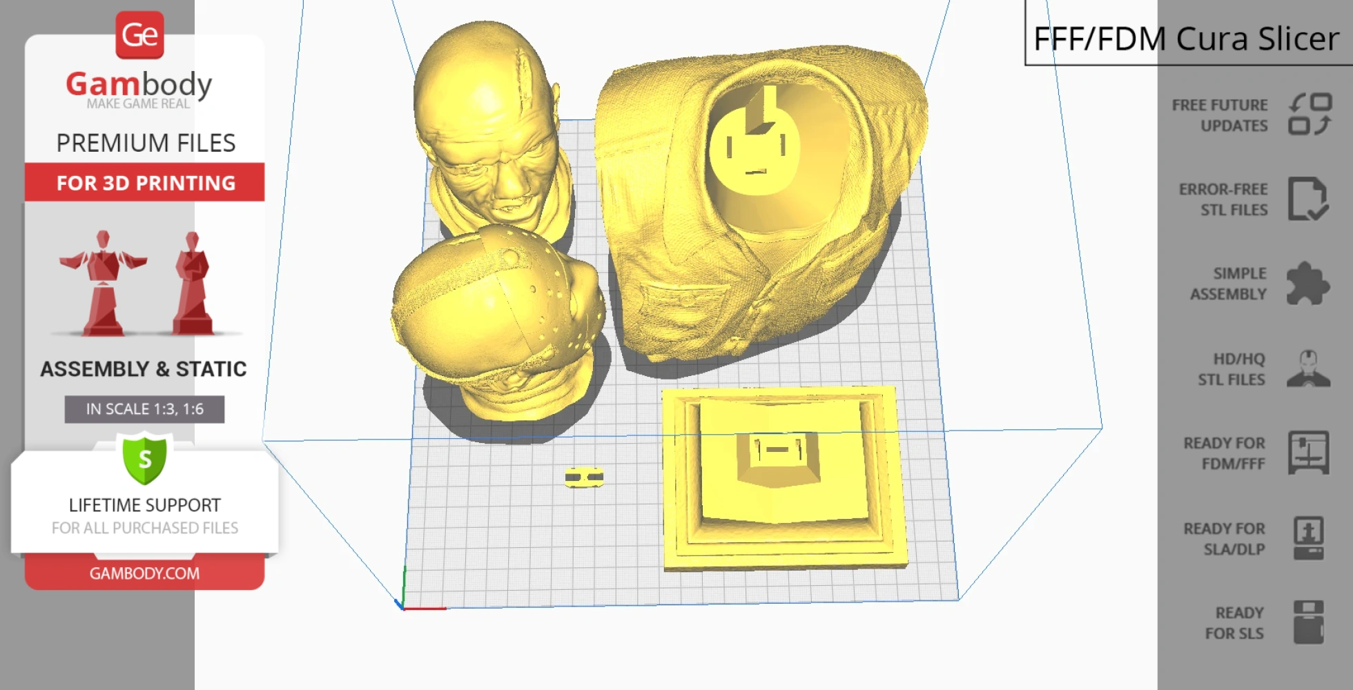 3D model of a detailed bust, hockey mask, and base, prepared for printing on a grid display.