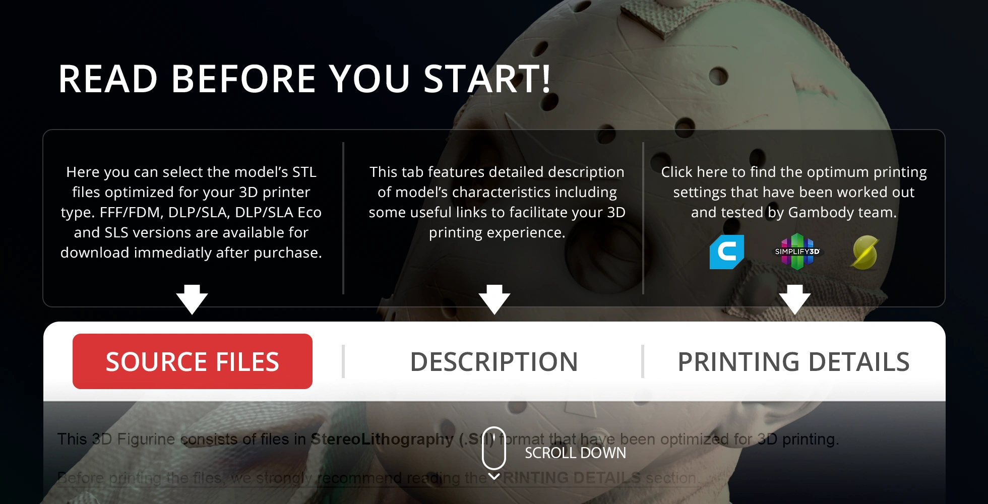 A close-up of a masked 3D model bust with overlay text about 3D printing instructions and options.