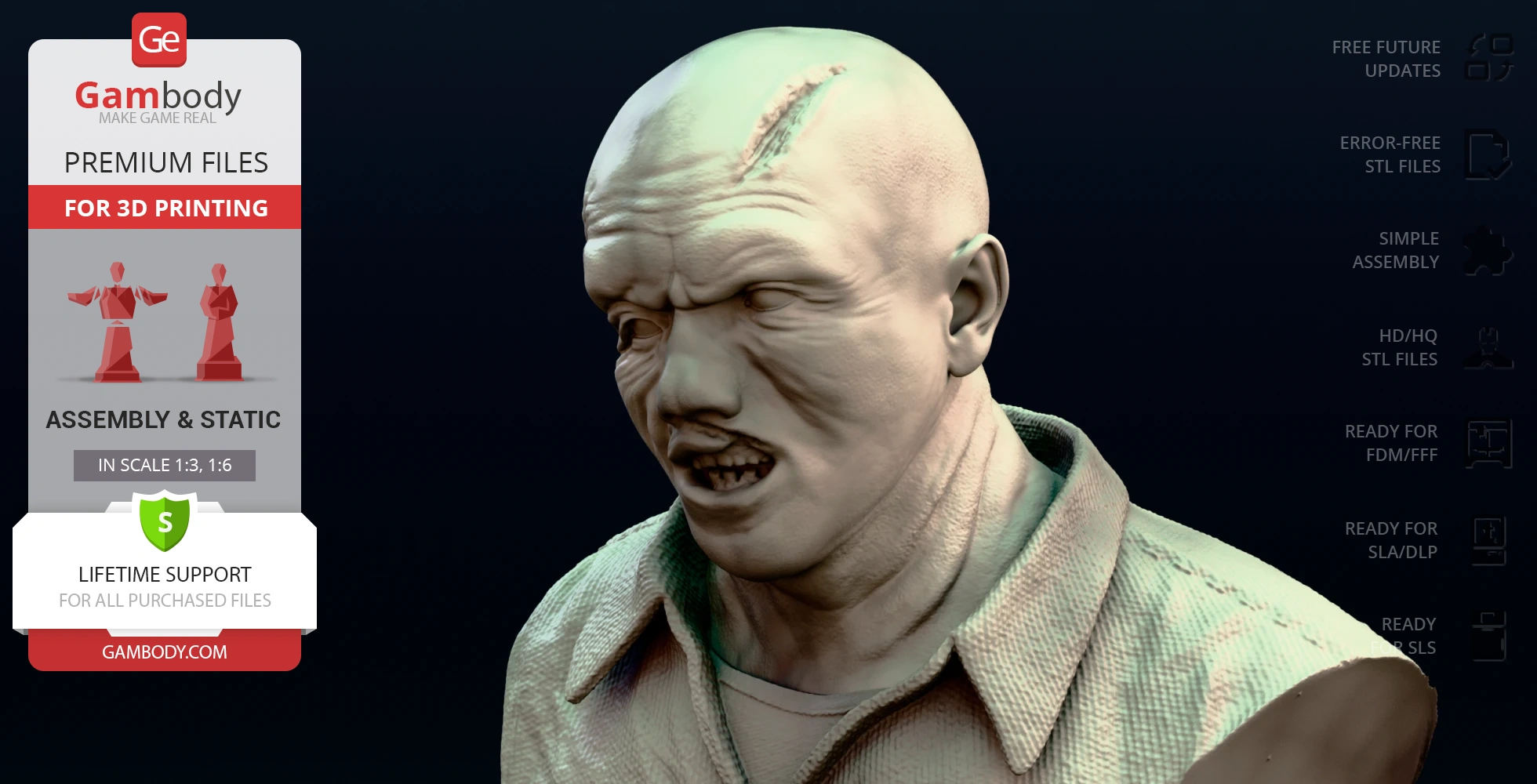 Bust of a horror character with a scarred face. 3D model for printing by Gambody.