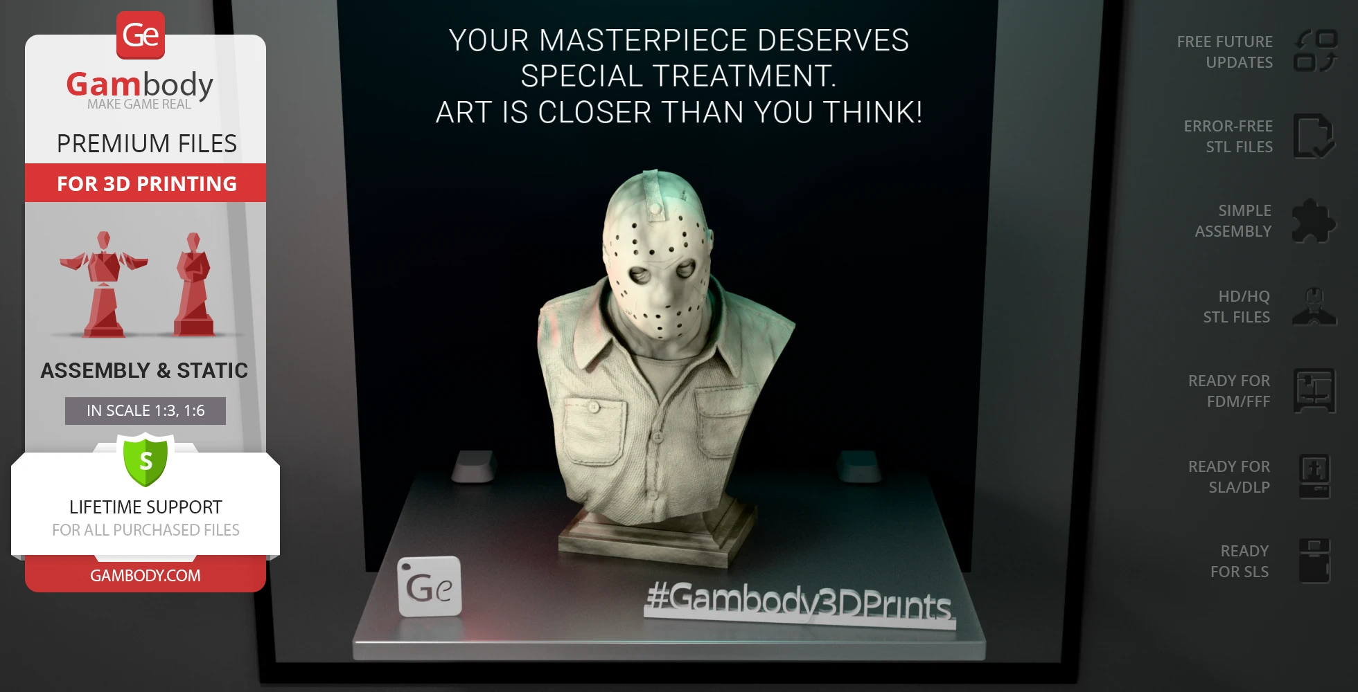 Bust of a hooded figure with a hockey mask, displayed on a stand for 3D printing.