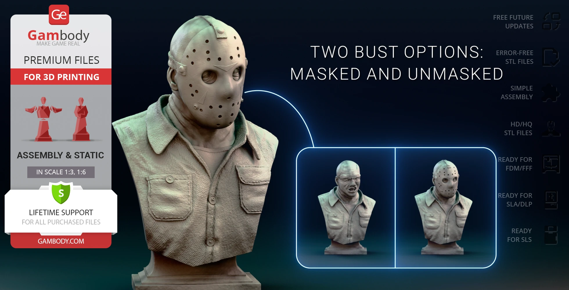 Bust of horror character with hockey mask and option for unmasked version, for 3D printing.