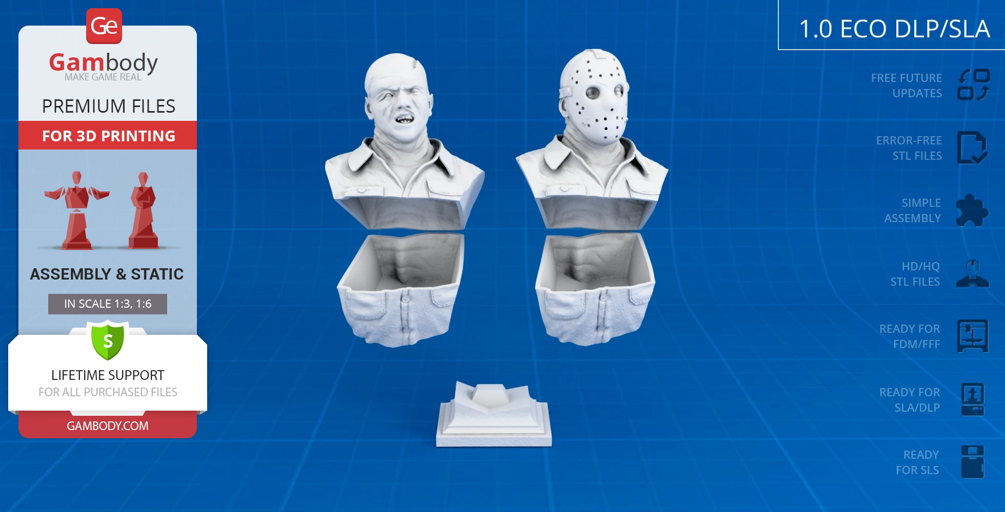 A two-part bust of a character with an exposed face and a hockey mask, ready for 3D printing.