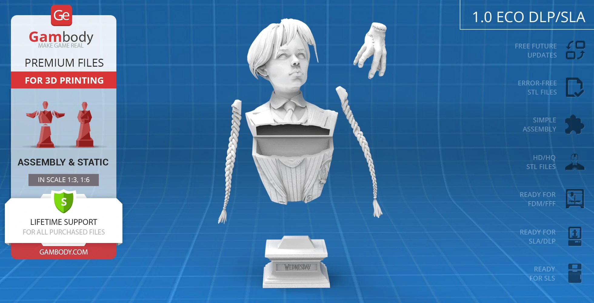 3D printable bust of a young girl with braids and open chest cavity, stand labeled 'Wednesday.'