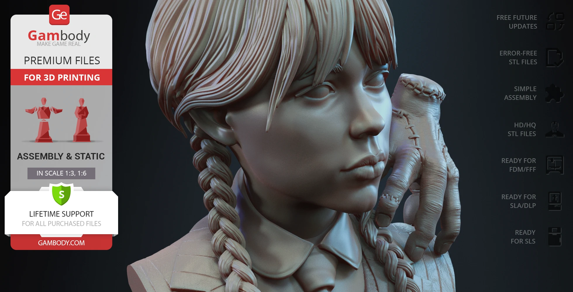 Bust of a girl with braids and a stitched hand on shoulder, ready for 3D printing.