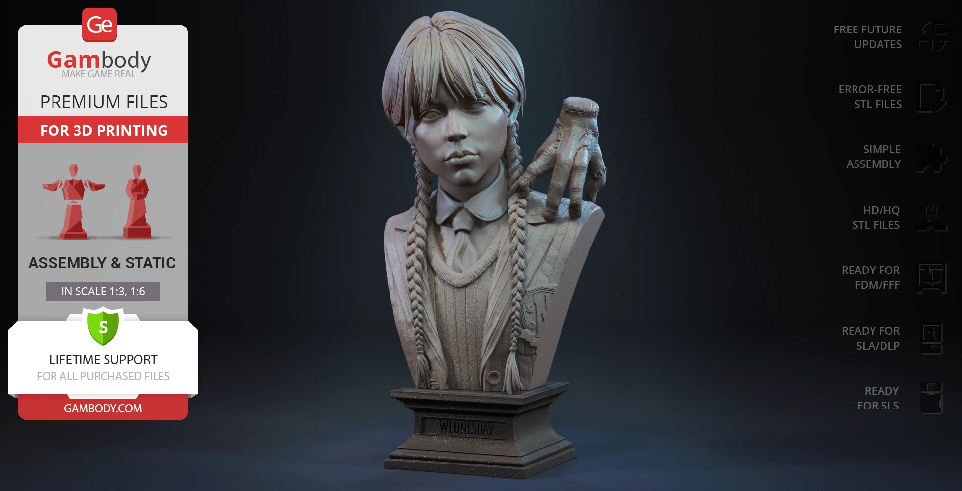 A detailed bust of a girl with braided hair and an eerie hand on her shoulder, suitable for 3D printing.