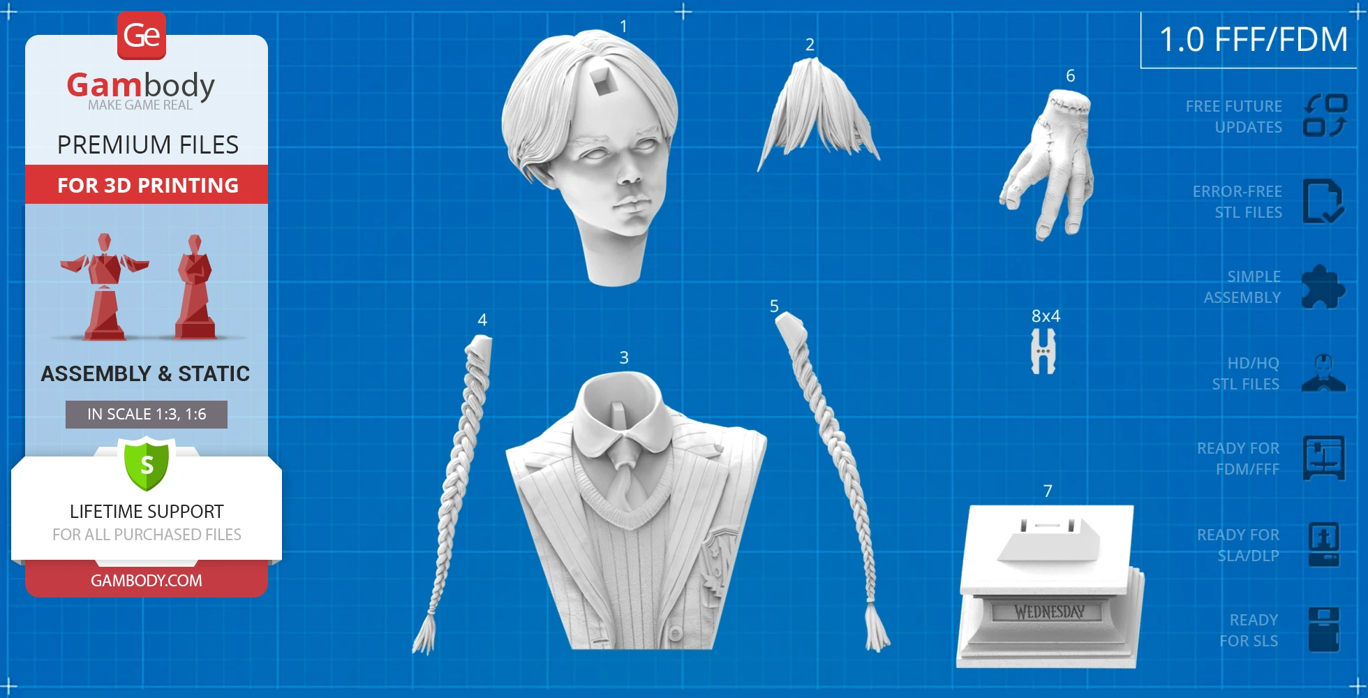 3D printable bust model of a girl with detached head, braids, and hand on a display base, assembly required.