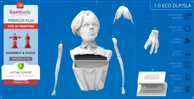 3D printable bust of a girl with braids, segmented with hair, arms, and base labeled 'Wednesday.'