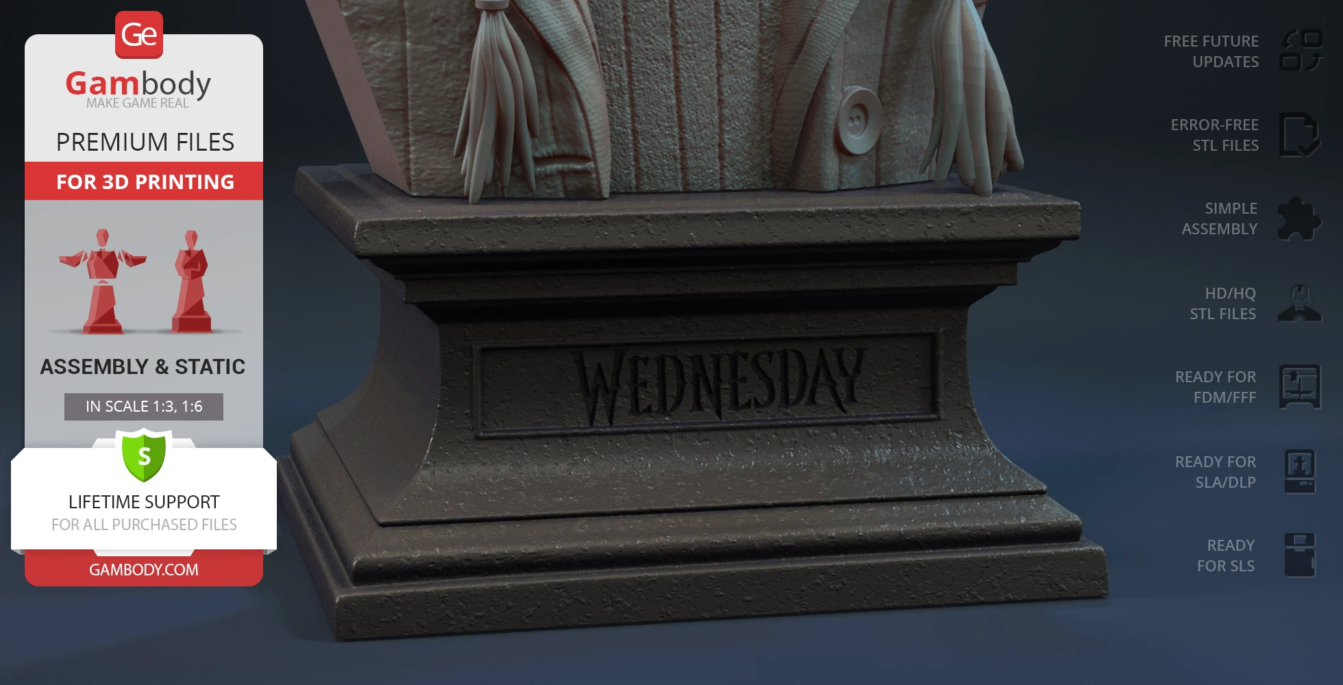 A detailed pedestal labeled 'Wednesday' from a 3D printable bust model.