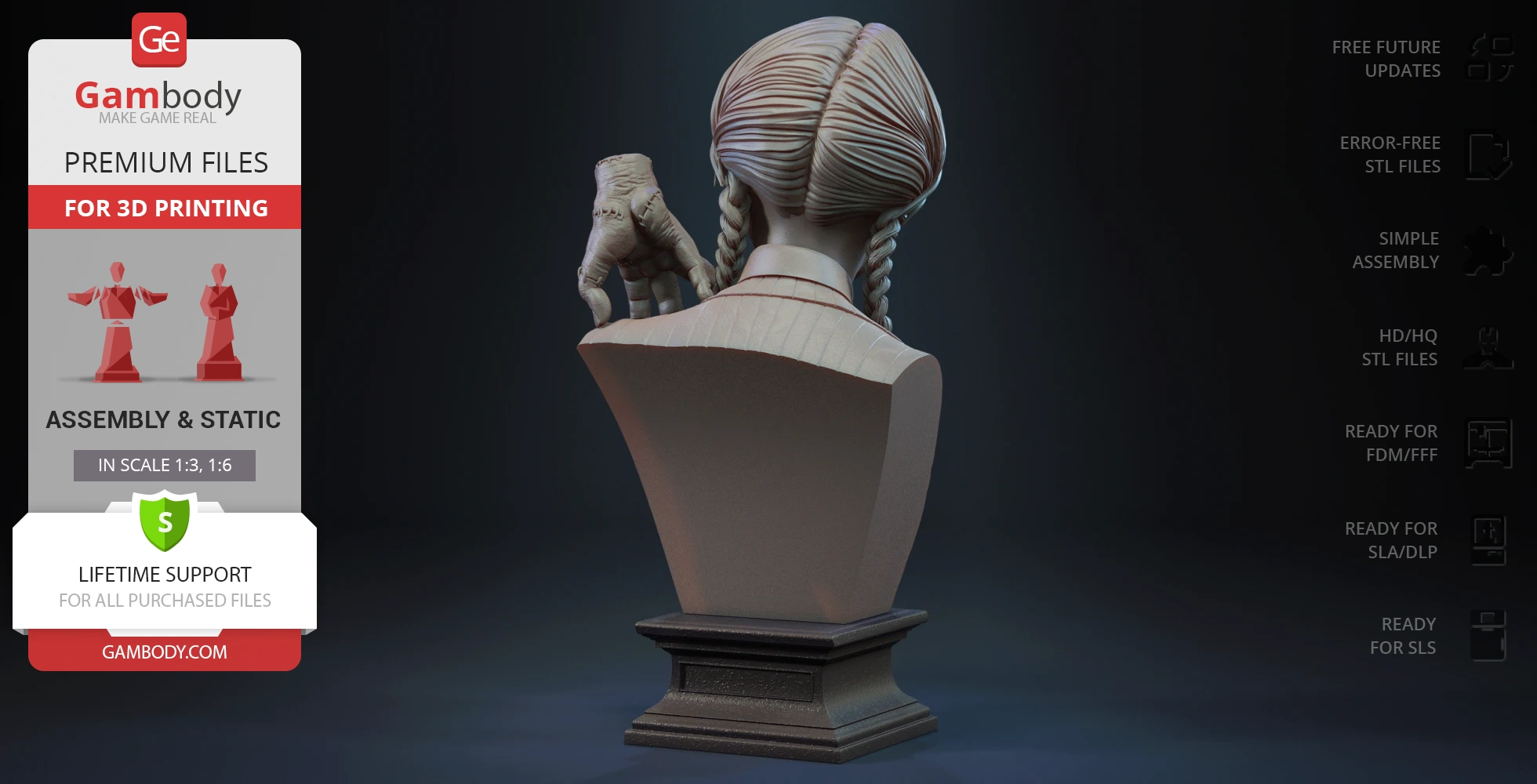 A bust of a character with braided hair, accompanied by a disembodied hand on their shoulder, on a pedestal.