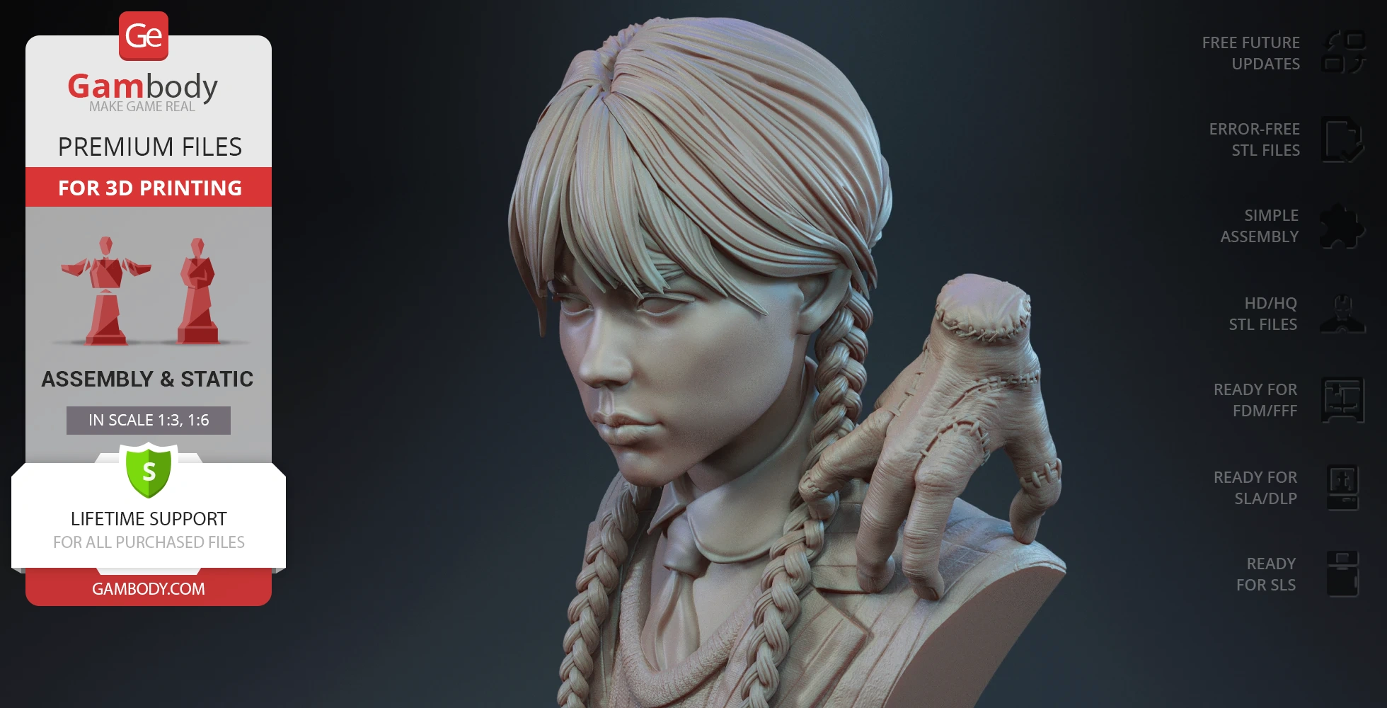 A detailed 3D bust of a braided girl with a stitched hand resting on her shoulder.