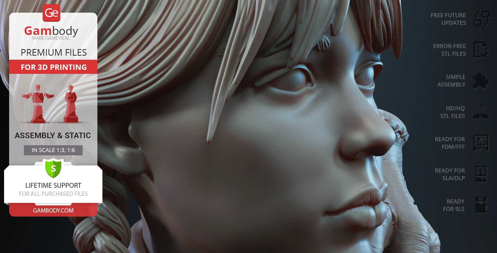 A detailed, side profile view of a 3D bust model with braided hair, designed for 3D printing.