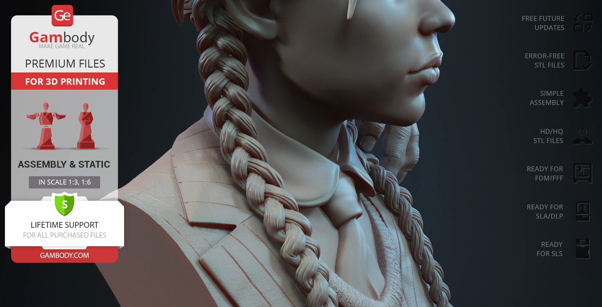 A 3D bust with braided hair and a collared outfit.