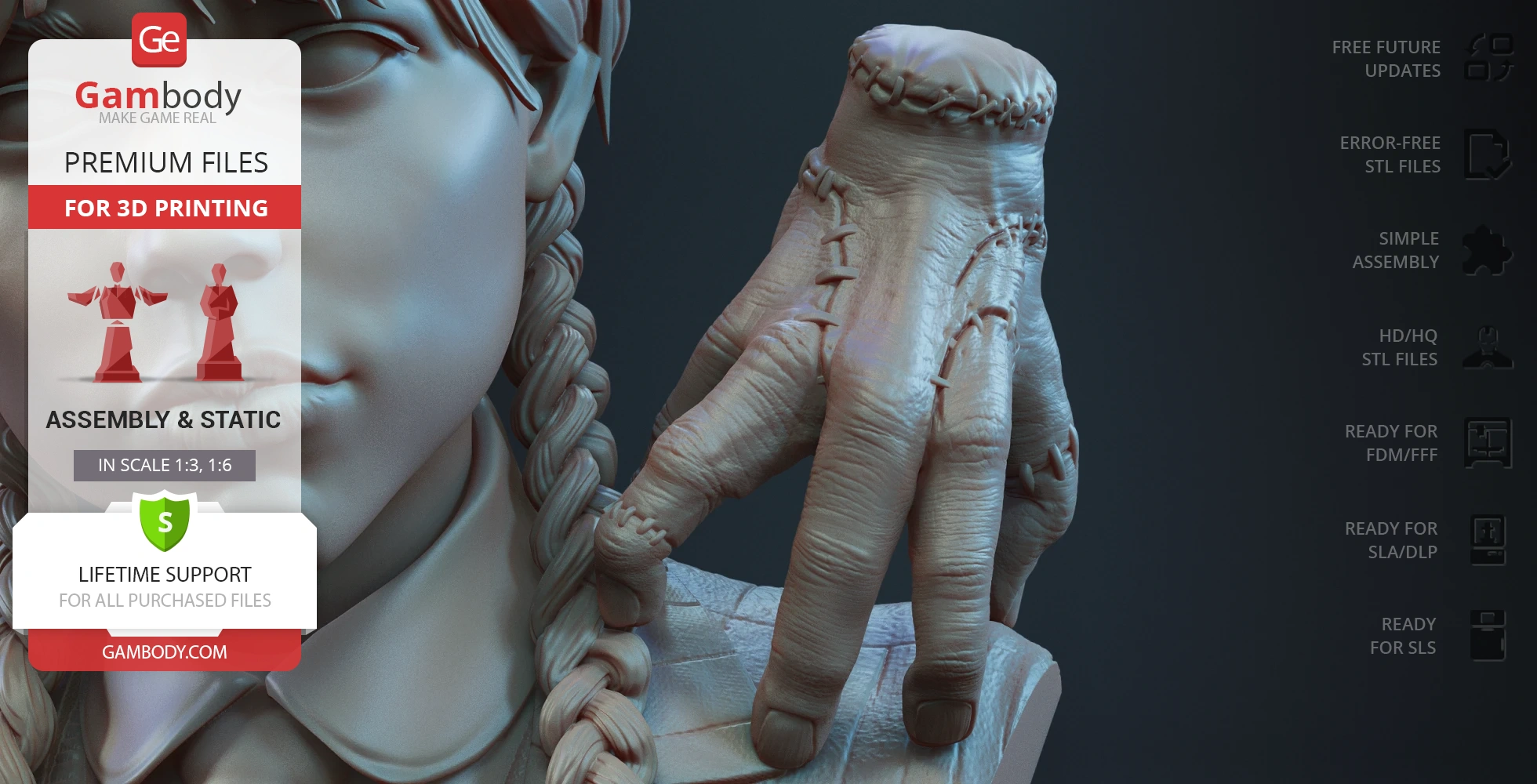 A 3D bust model of a girl with braids and a detailed, stitched hand resting on her shoulder.