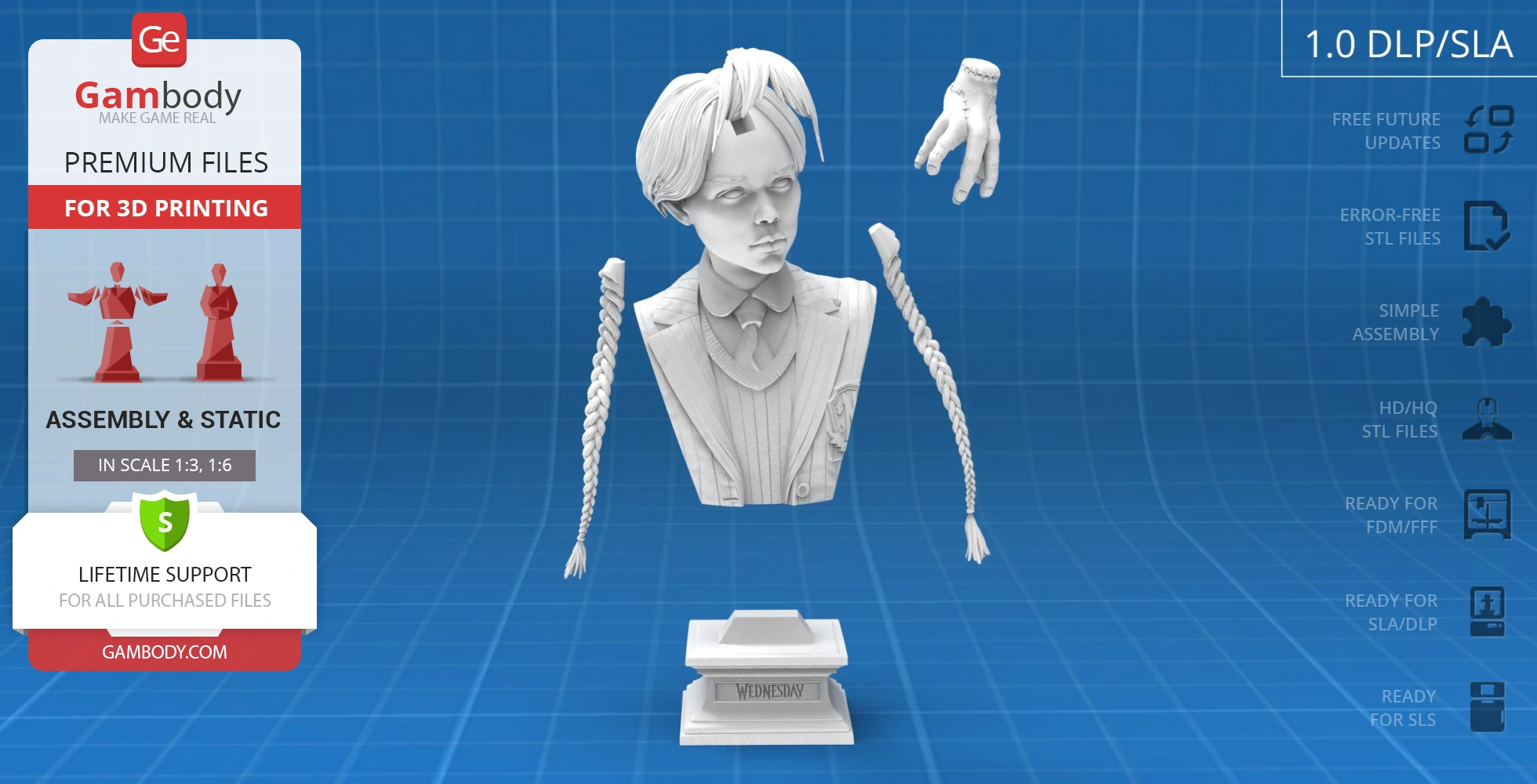 3D bust model of a character with braided hair and disembodied hand, ready for printing.