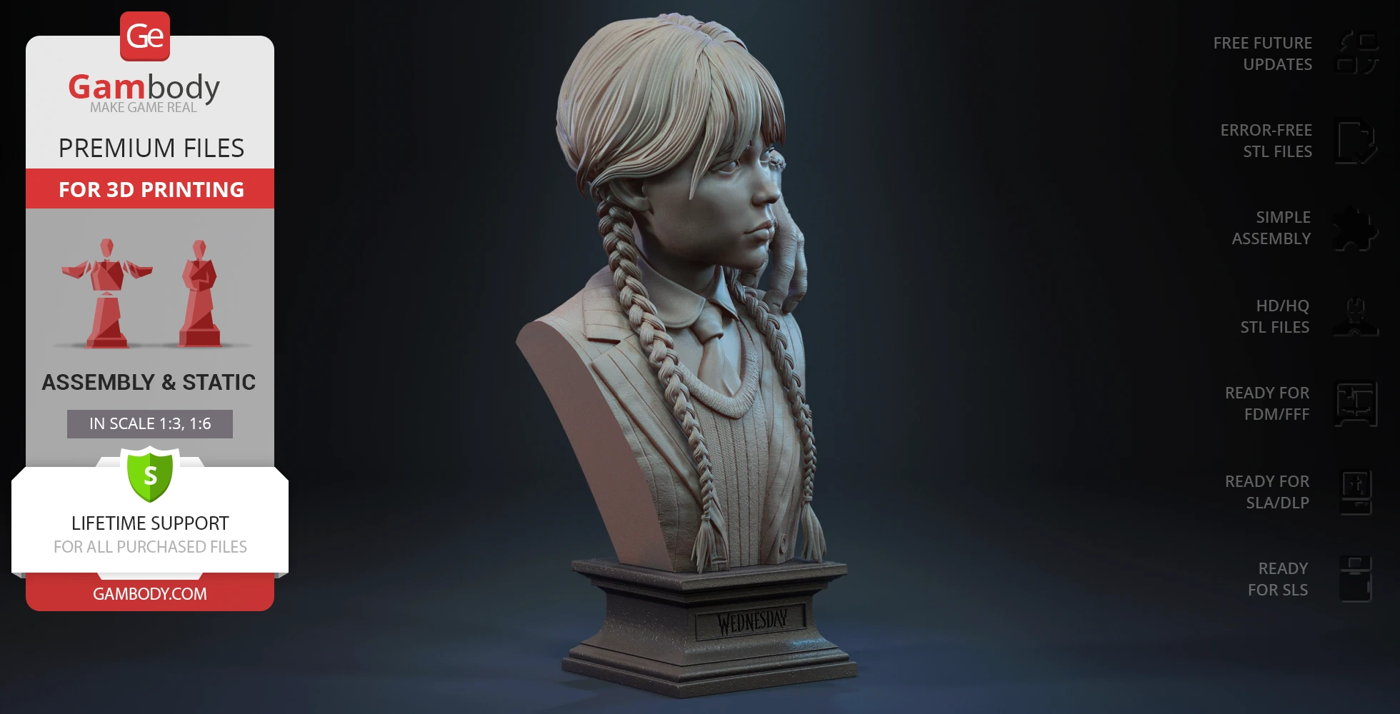 A detailed bust of a girl with braided hair, dressed in formal attire, on a base labeled 'Wednesday.'