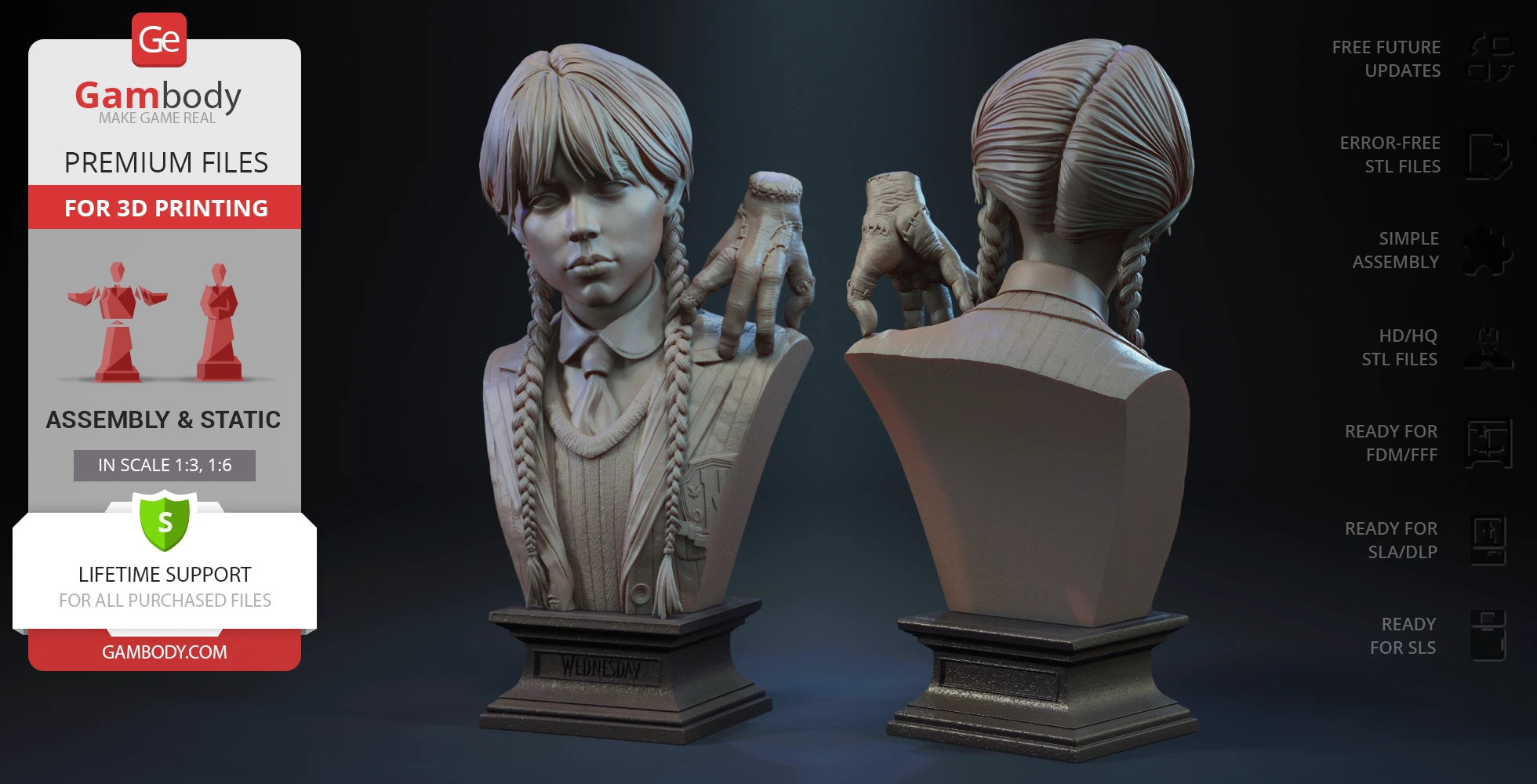 A 3D bust of a girl with braided hair, accompanied by a hand on her shoulder, depicted in a horror theme.