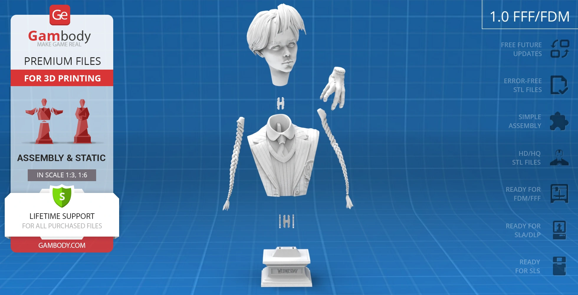 3D printable bust of a character with braided hair, suit, and separate hand and pedestal parts.