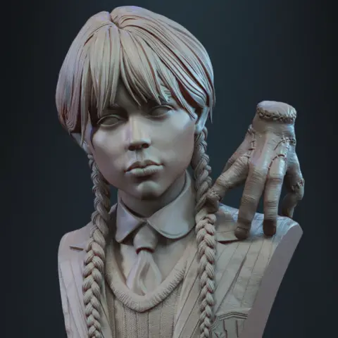 Bust of a girl with braided hair and a detached hand on shoulder, set on a 'Wednesday' base.