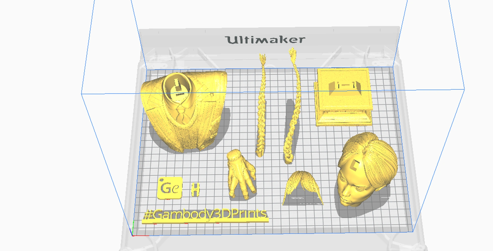 Disassembled 3D bust model with head, torso, hands, braids, and base for 3D printing.