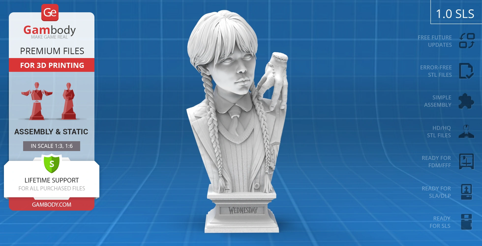 3D printed bust of a girl with braids and a detached hand on her shoulder, marked 'Wednesday'.