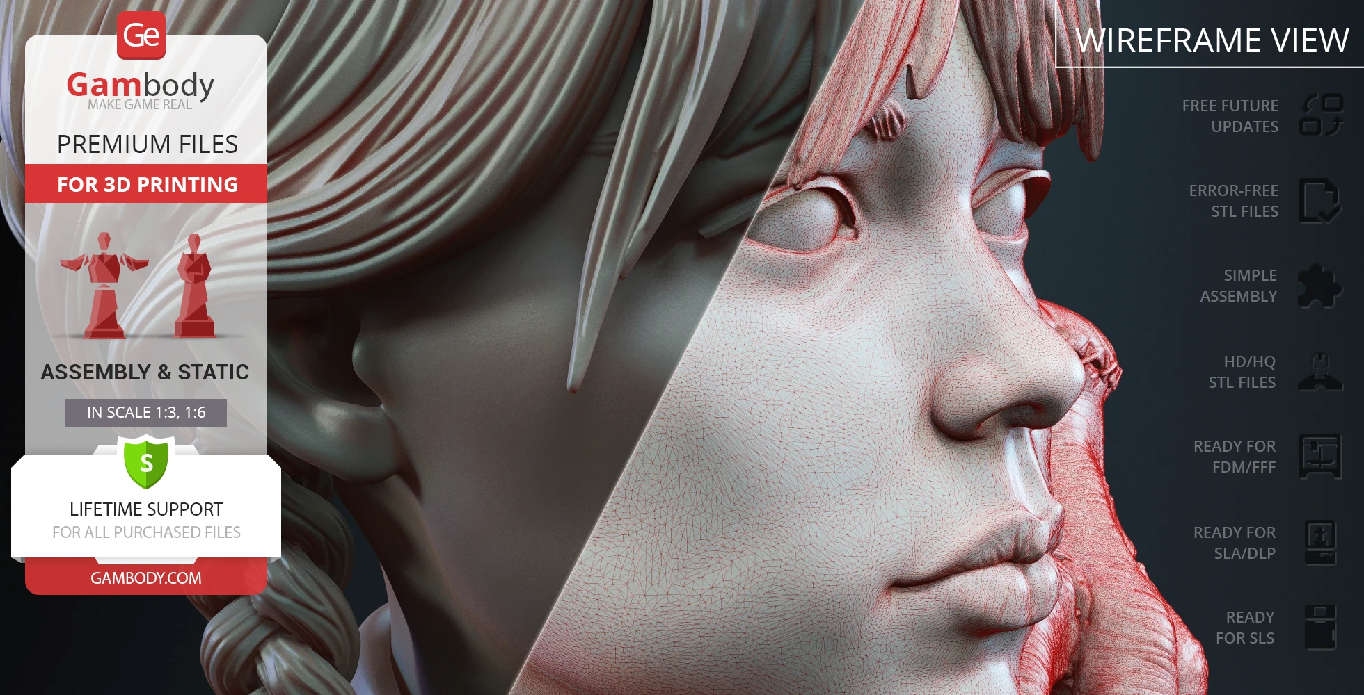 3D model of a bust with detailed hair and facial features displayed in wireframe view.