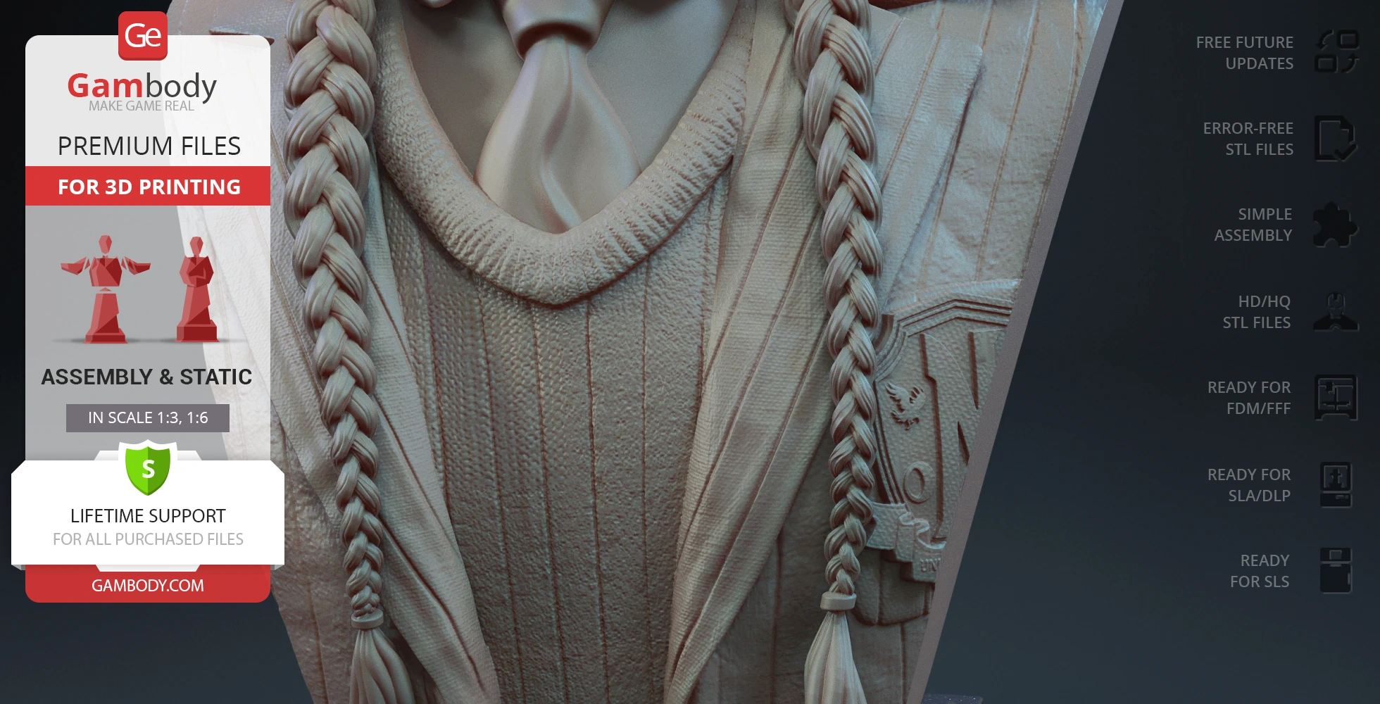 A highly detailed bust of a person in a sweater with braided hair and a striped jacket.