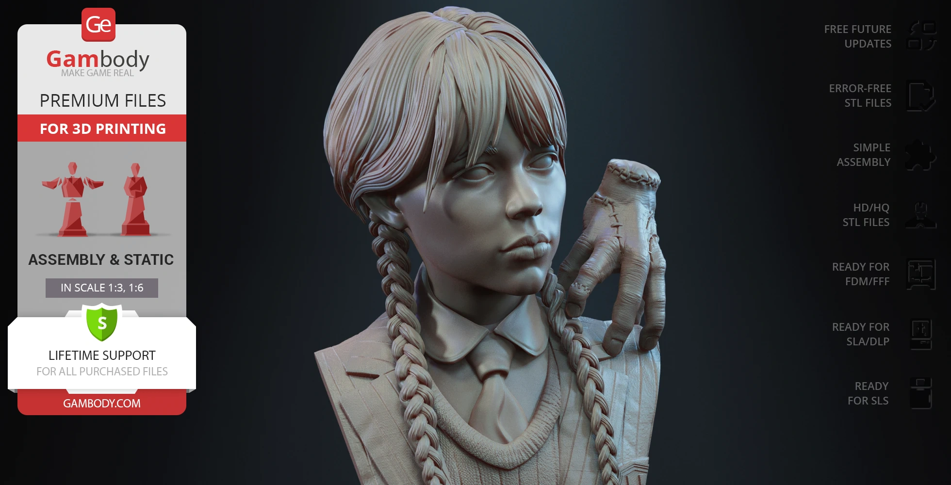 A 3D model bust of a girl with braided hair and a stitched, severed hand beside her.