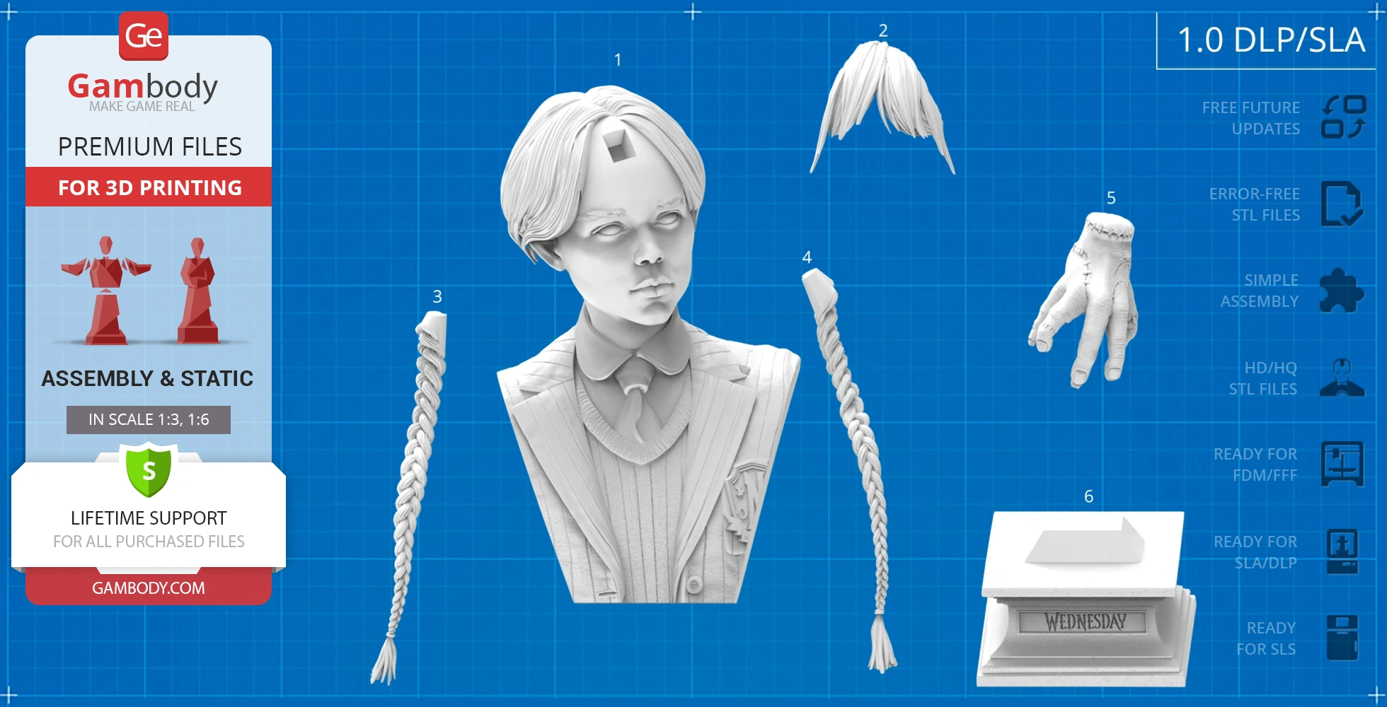 3D printable bust of a character, with hair, hand, braids, and base on a blueprint background.