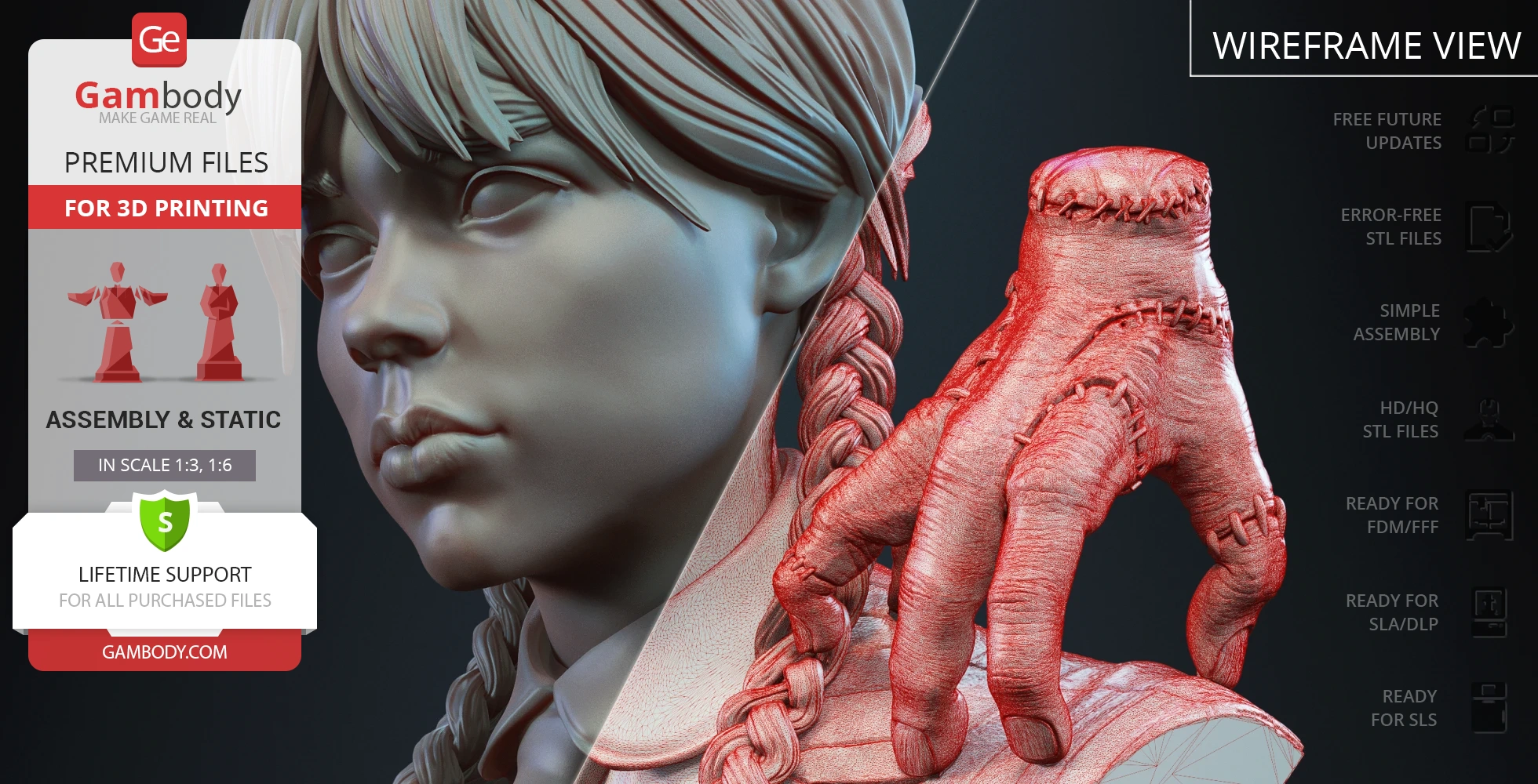 A detailed 3D model bust of a braided girl with a stitched, severed hand on her shoulder.
