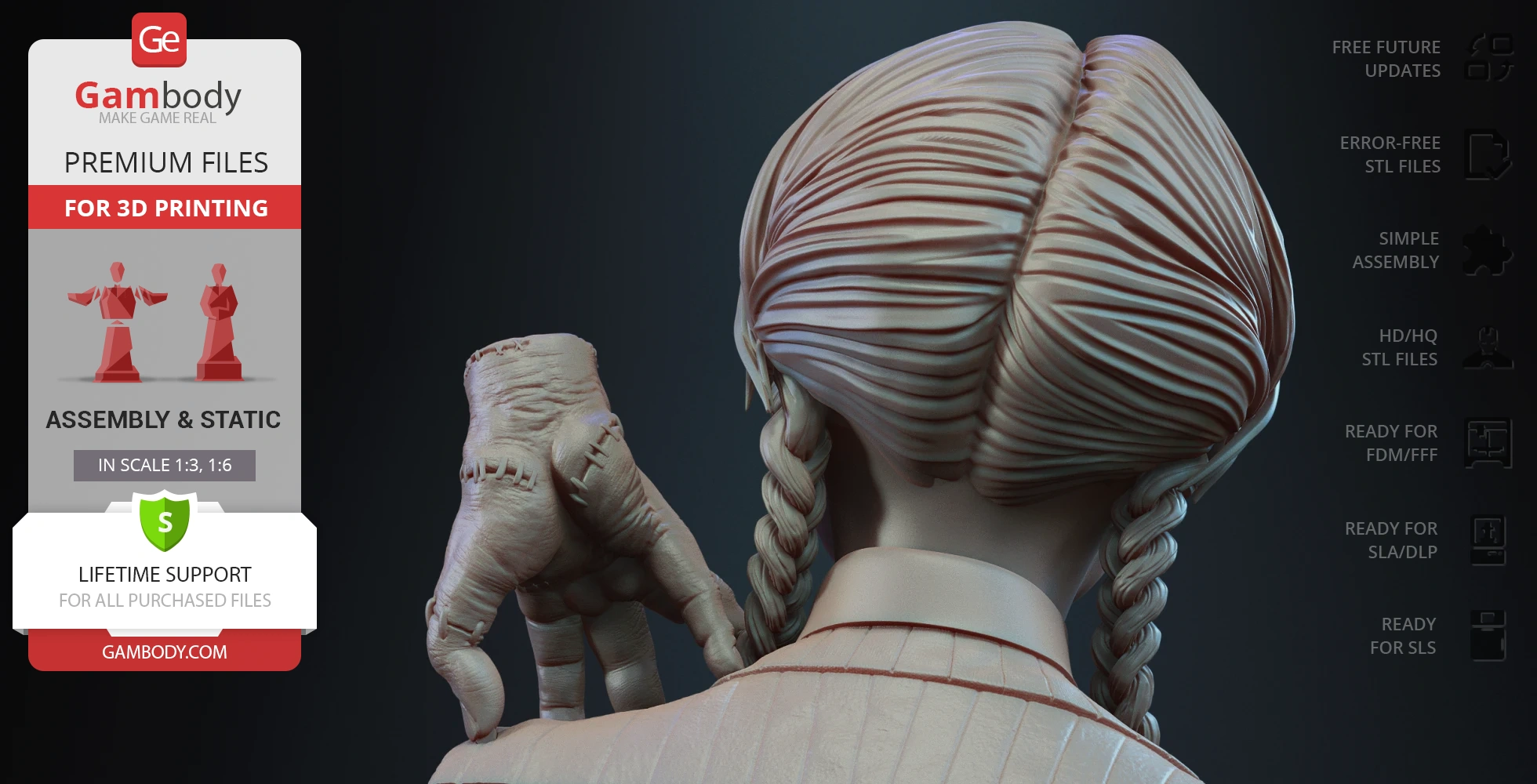 A 3D model of a figure with braided hair viewed from behind, holding a disembodied hand.
