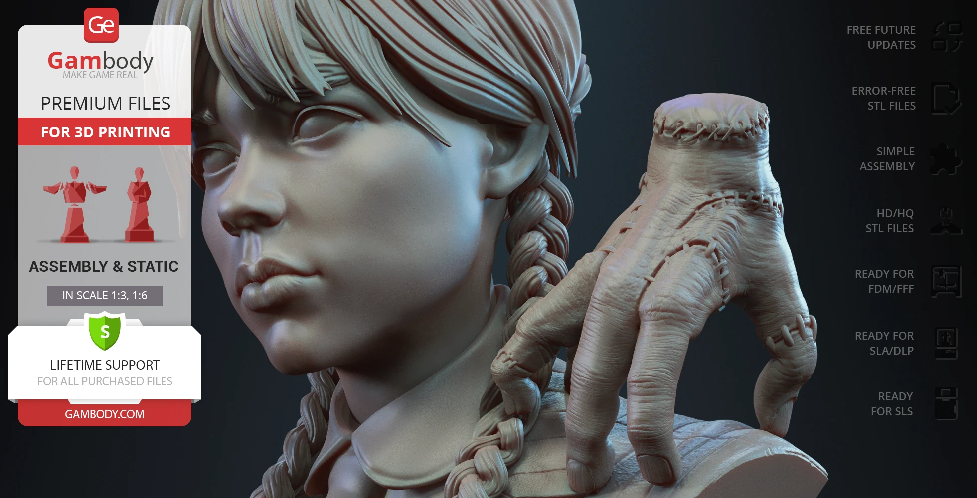 Young girl with braids, a serious expression, and a stitched disembodied hand on her shoulder.