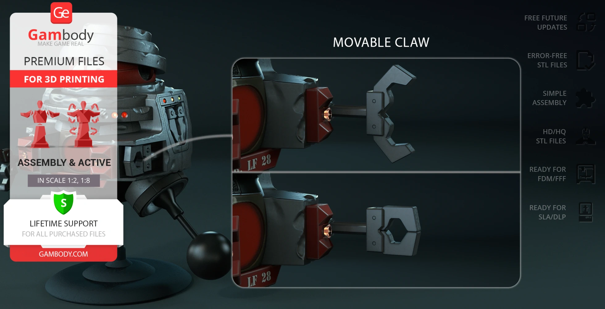A sci-fi robot model with a movable claw, designed for 3D printing displayed on Gambody.