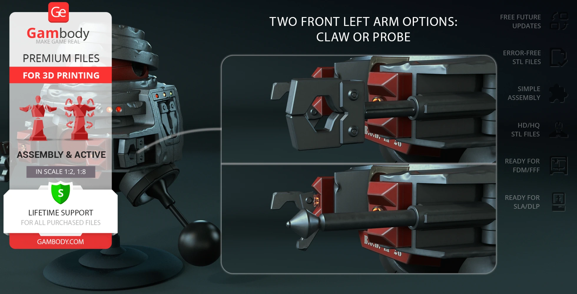 A robotic 3D model with options for claw or probe left arm, designed for 3D printing by Gambody.