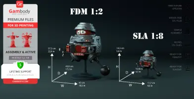 Retro-styled robot with round eyes and a helmet-like top, 3D printed in two sizes displayed on stands.