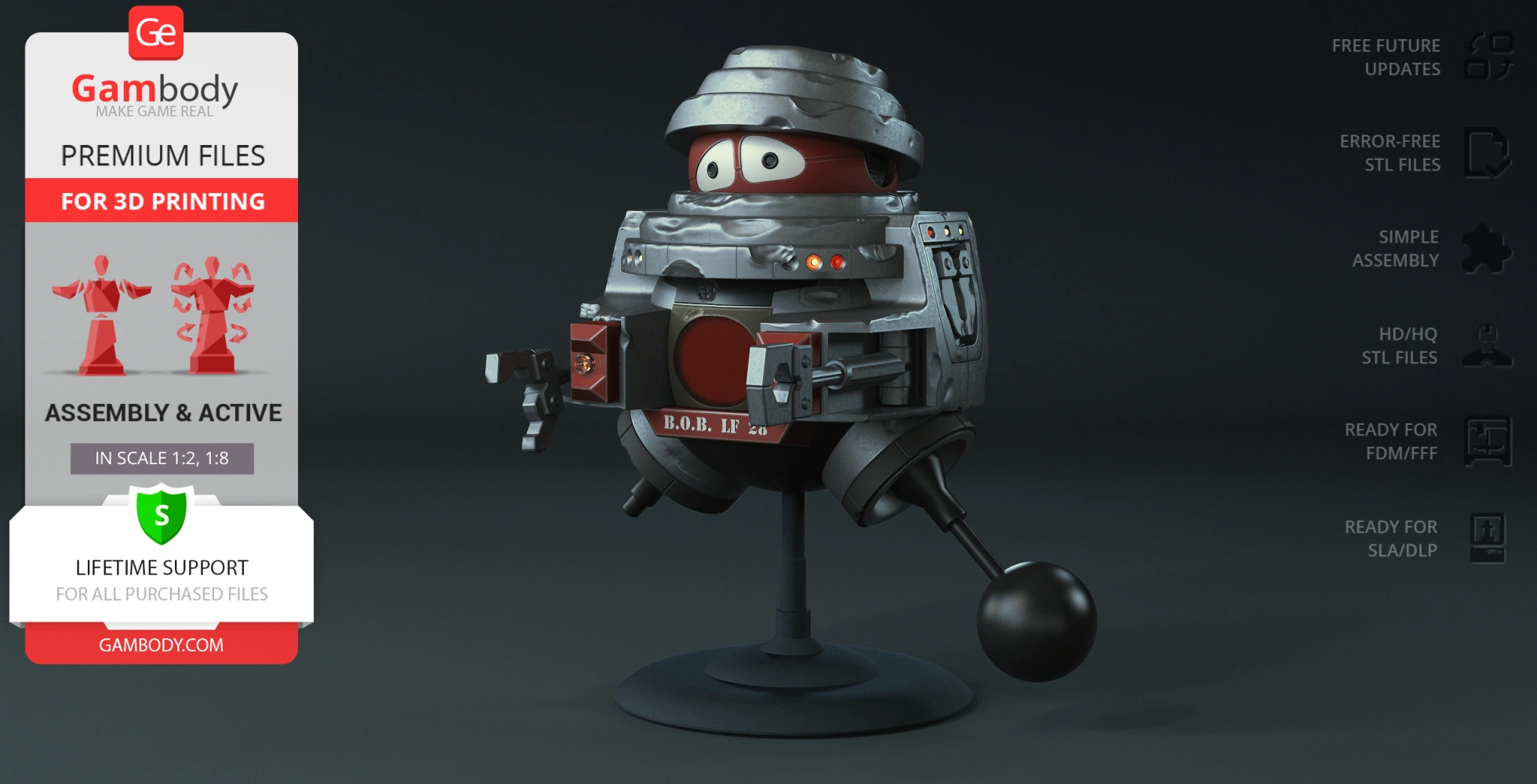 Retro-styled robot with a round body, red eyes, and mechanical arms, designed for 3D printing.