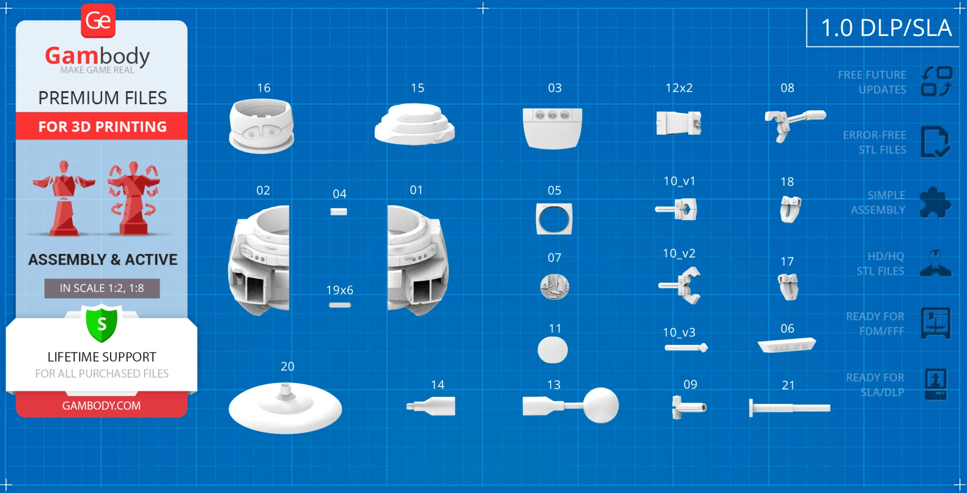 3D model parts for Old B.O.B. on blue grid, includes numbered components for assembly.